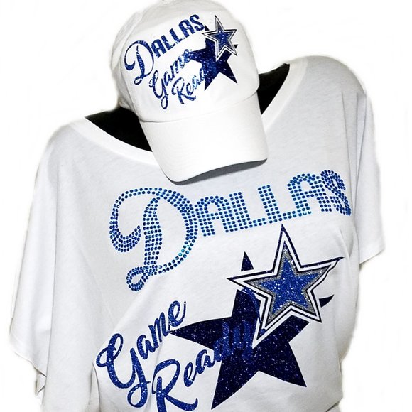 Dallas Game Ready White Flowy Hi/Lo Top with Shiny Lettering and Crystals. - Picture 2 of 2